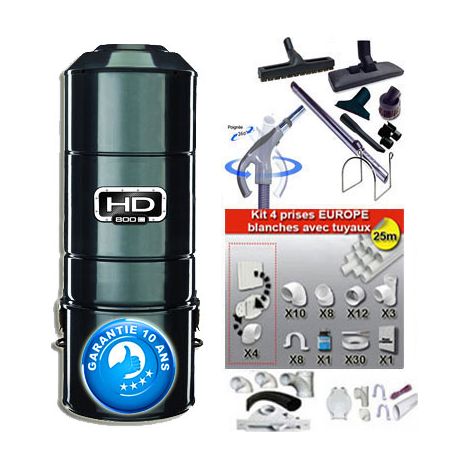 ASPIRATEUR CENTRAL SANS SAC SANS FILTRE HD801C (jusqu’à 600 M²) GARANTIE 10 ans + set inter 9 M + 8 accessoires + kit 4 prises + kit prise balai + kit prise garage (1/5)