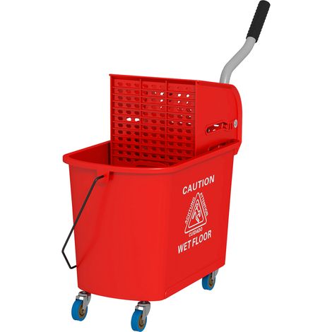 20-Liter-Wischeimer mit Auswringer und Griff, Wascheimer mit Rollen, roter Kunststoff