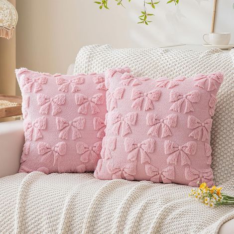 Lot de 2 Housses de Coussin 45 x 45 cm Motif nœud Rose Taie d'oreiller en Fausse Fourrure Douce Décoration Jacquard pour Chambre, canapé, Maison de Vacances (1/5)