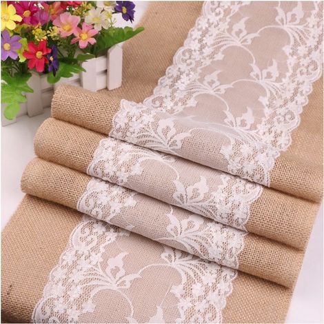Table Runner Jute Dentelle 275cm x 30cm, Vintage, pour Mariage et Fêtes (1/5)