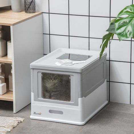Abnehmbare Katzentoilette mit Deckel, Vordereingang und Ausgang oben, inklusive Schaufel, 47,5 x 35,5 x 36,7 cm, Grau und Weiß