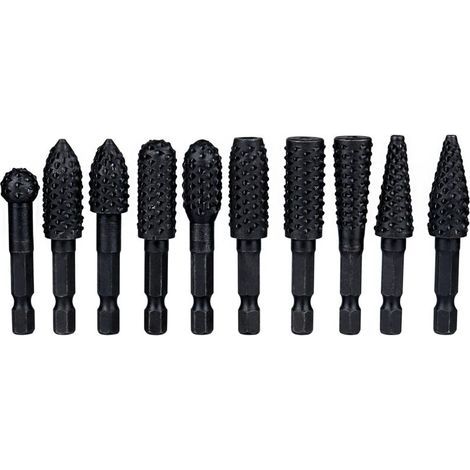 Treki 10Pcs Ensemble de Râpes Rotatives pour Fraises 6.35 mm Fraises Rotatives de Poignée Hexagonale en Acier Carbone Outil de Sculpture pour Sculpture sur Bois, Polissage Métaux, Gravure, Noir (1/4)