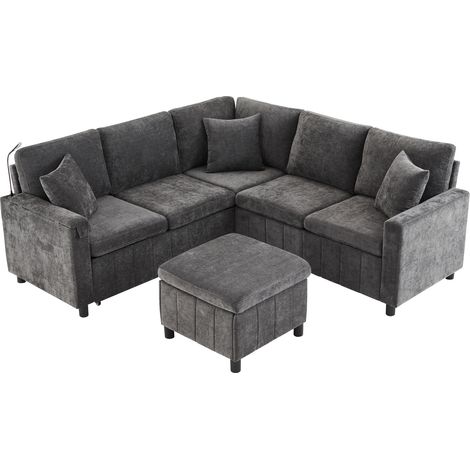 Canapé d'angle convertible avec pouf, lampe de lecture et table pliante grise 205×205×85 cm (1/5)