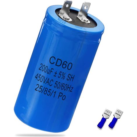 CD60 Condensateur de Moteur 200 µF 450 V CA 50/60 Hz Cylindrique en Polypropylène Montage à Enclenchement 200 µF 450 V CA 50/60 Hz (1/5)