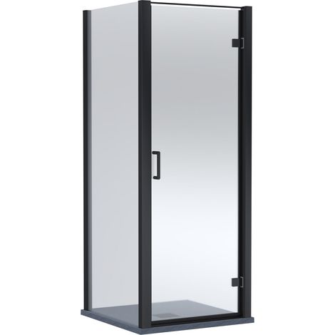 Balterley Ellenhall Hinged Shower Door with 6mm Glass, Side Panel & 800x800mm Slimline Grey Tray in Matt Black