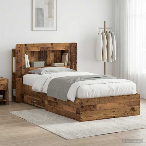 Cadre de lit 1 personne avec rangements en bois d’ingénierie bois ancien 100 x 200 cm - PANGIVO (1/5)