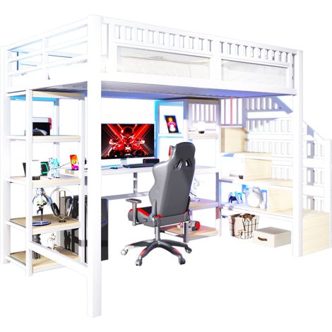 Lit mezzanine 140x200 cm avec bureau, LED, USB, étagères et escalier de rangement, cadre en métal blanc, sans matelas, pour chambre gain de place - CHICFURN (1/5)