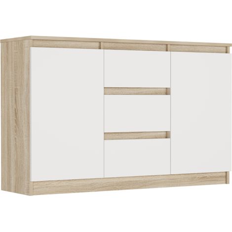 Kommode Sonoma/Weiß, 120x33x76 cm - R-120-S3 mit 3 Schubladen