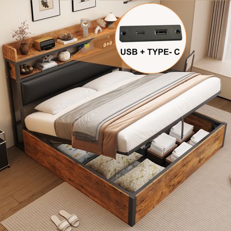 Cama con almacenaje para adultos de 180x200 cm, hidráulica, con cabecero acolchado y puerto USB, de MDF, colchón no incluido, color marrón (1/5)