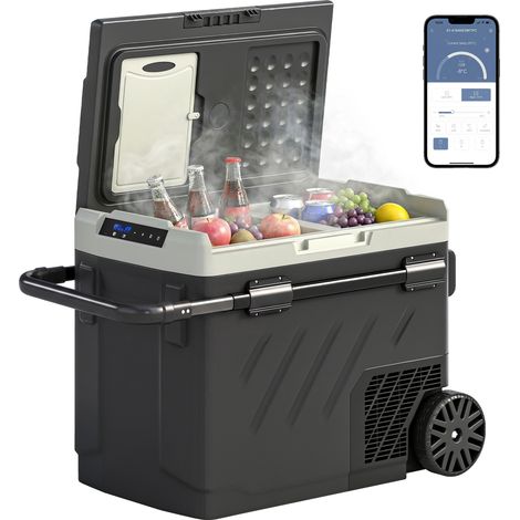 Outsunny nevera portátil eléctrica 49l 12/24/240v con compresor doble zona control por app luz led pantalla de -20℃ a +20℃ asa telescópica ruedas (1/5)