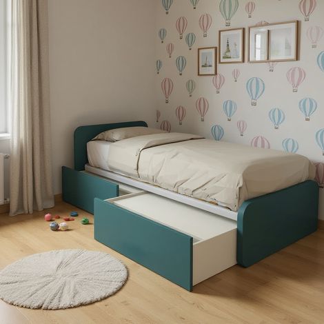 Letto singolo con cassetti 80x190 per cameretta - Design personalizzabile - Verde Petrolio (1/5)