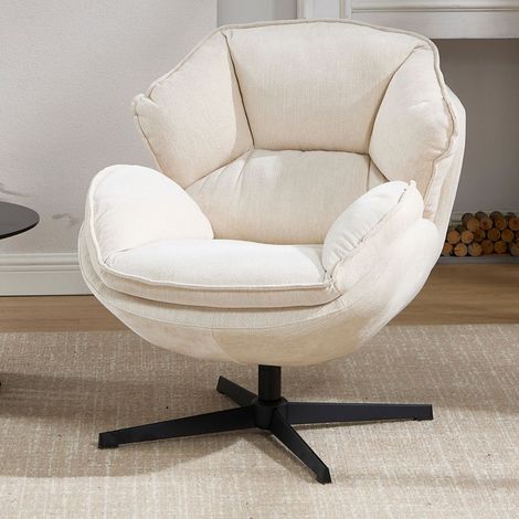 Wahson Fauteuil Relax en Chenille pour Salon, Fauteuil de Salon Pivotante Fauteuil Salon Moderne avec Coussin Epais, Cadre en Métal, Blanc