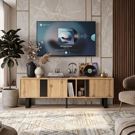 Creahappy Meuble TV 160x40x50 cm - Grand Rangement Asymétrique 3 Portes - Style Industriel Effet Bois - Passe-Câbles Métal Noir (1/5)