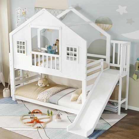 Lit superposé 90x200 cm avec toboggan, design maison avec fenêtre, en bois, blanc, sans matelas (1/5)