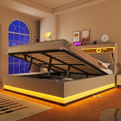 Lit coffre rembourré 180x200 cm avec rangement hydraulique et LED, USB-C, commande bouton/app, compartiment rabattable, lin, beige (1/5)