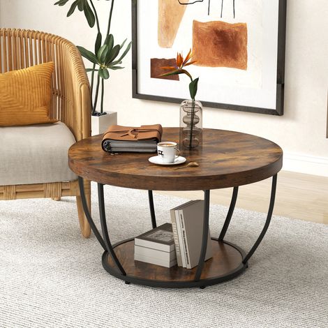 Table Basse Ronde de 80 cm a 2 Niveaux Table de Cocktail avec Cadre en Métal Robuste Table d'Appoint avec Plateau en Faux Bois Café (1/3)