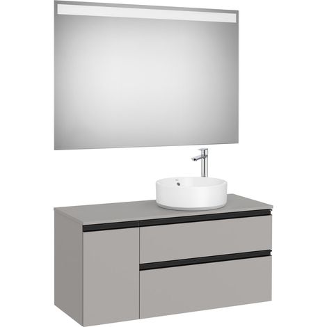 Pack meuble "The gap" 1100 pour vasque à droite - 2 tiroirs +1 porte + plan + miroir LED - gris moyen mat/poignées noires - Roca (1/2)