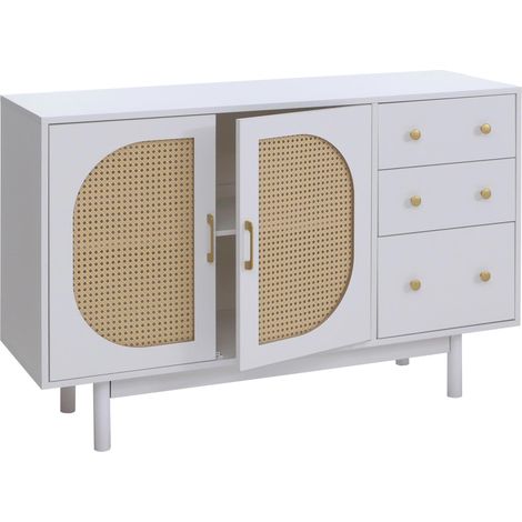 Credenza moderna ed elegante con 3 cassetti e 2 ante 80 x 120 x 40 cm realizzata in polyrattan e MDF rivestito in melamina bianca 040008702