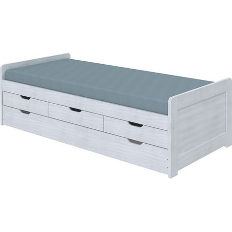 Lit enfant gigogne 90x200 cm avec rangements en pin massif coloris blanc - Longueur 205 x profondeur 98 x Hauteur 63 cm -PEGANE-