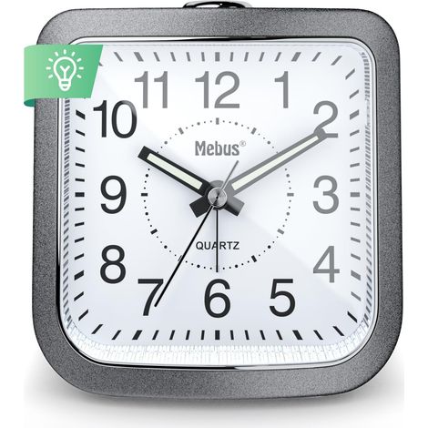Mebus Sveglia de Quarzo, silenziosa, non toccabile, lancette luminose, sveglia con snooze de Sveglia, snooze de Sveglia, quadrante illuminato con pulsante singolo Push, colore grigio e argento,