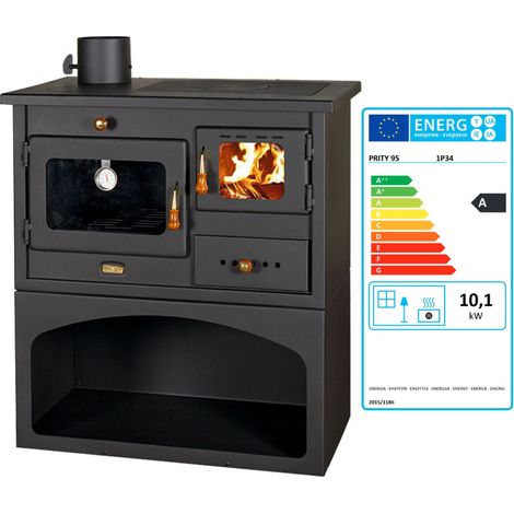 Prity – Poêle à bois avec four 10,1 kW – Classe A, rendement 77,1%, sortie fumées latérale gauche, plaque de cuisson métal – Pour bois sec