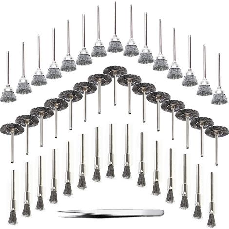 45 Pièces Brosse Métallique pour Perceuse, Fil d'Acier Inoxydable avec Pinces à Épiler, Mini Brosse à Main pour Polissage, Dérouillage, Bois en Ébarbage (1/5)