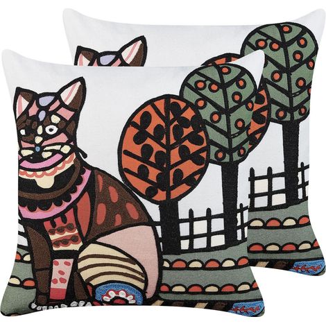 2 Coussins en Coton Boho Motif Chat Brodé 50 x 50 cm Multicolore Mehsana