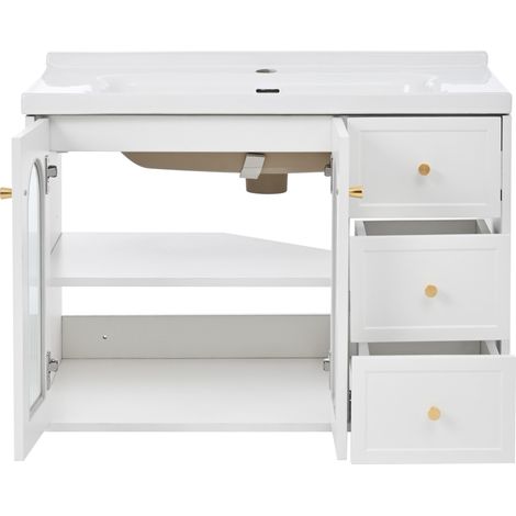 Mobile bagno sospeso 80 cm con lavabo in ceramica, MDF bianco, 2 cassetti e anta in vetro ondulato (1/5)