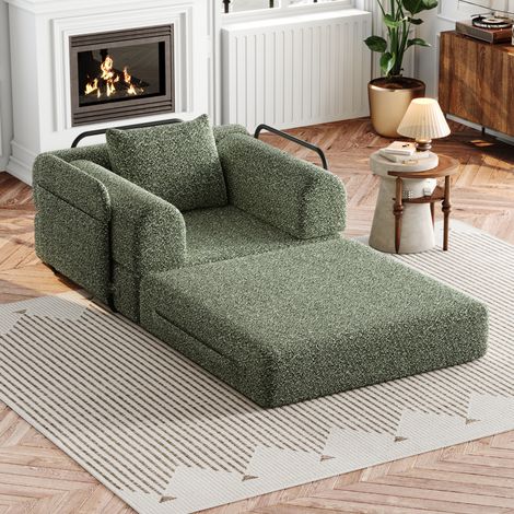 Schlafsofa 2-in-1 aus grünem Chenille mit Armlehnenfach und Stahlrahmen (1/5)