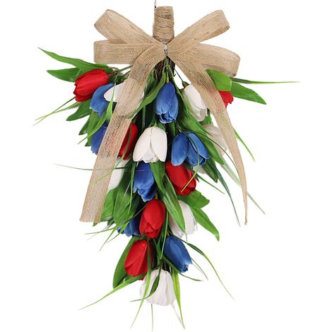 【Hängender Blumenbaum in Form einer Walnussschleife – ohne Beleuchtung】 Kranz aus roten, weißen und blauen künstlichen Tulpen, Wanddekoration für Frühling und Sommer. Hängender künstlicher Blumenbaum. (1/2)