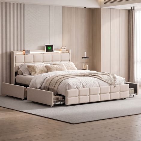 Lit double 140x190 cm avec led usb prises et 4 tiroirs de rangement en tissu lin moderne - sommier à lattes,beige (1/5)