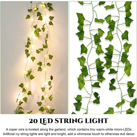 Künstliche Efeugirlande – 2 Meter Efeu mit 20 LED-Lichtern – Grüne Blätter mit Lichtern – Für Hochzeiten und Indoor-Partys – Partybeleuchtung mit Blättern – Grün – 2 Meter – 1 Stück (1/5)