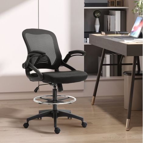Sedia ufficio regolabile in plastica nera, funzione in piedi, braccioli ribaltabili, 64 x 60 x 106-126 cm (1/5)
