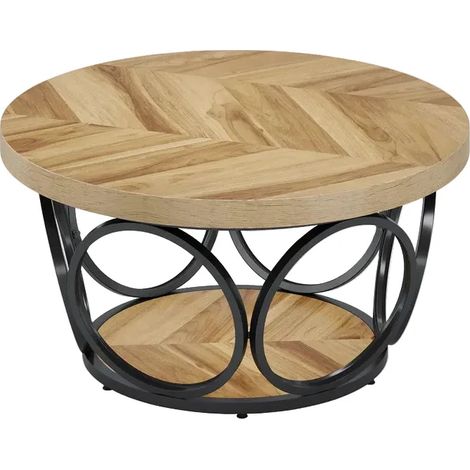 Mesa de centro redonda de 2 niveles con almacenaje, madera y metal, 80 cm, marrón y negro (1/5)