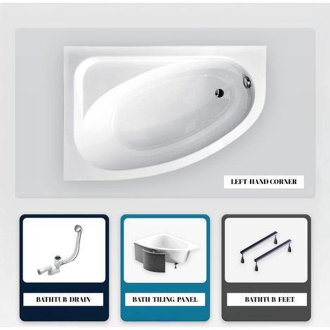 Asymmetrische Badewanne - 140 x 80 cm - Links - mit Verkleidung - mit Füßen - Ablaufgarnitur Chrom - CORNEA
