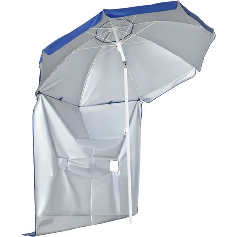 Ombrellone da Spiaggia Inclinabile con Tendine Laterali, in Poliestere e Acciaio, Ø191x211 cm, Blu e Bianco