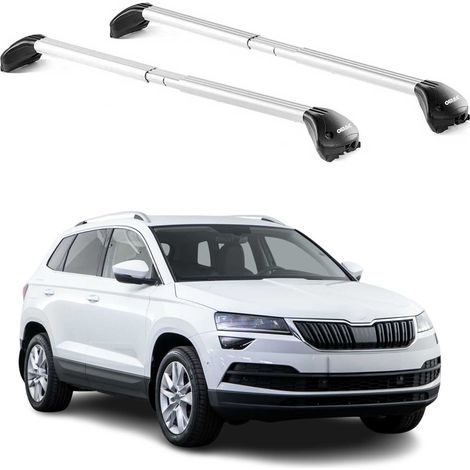 OMAC Barres de toit transversales certifiées TÜV pour Skoda Karoq 2017-2026 – Verrouillables (4 antivols) – Charge max 100 kg – Sangle inox + protection caoutchouc Argent (1/4)