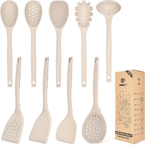 Set de cuisine en silicone 9 pièces Khaki, sans BPA, résistant à la chaleur