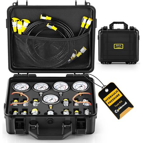 Hydraulic Pressure Test Kit, 5 Pressure Gauges (10/100/250/400/600bar), 13 Fittings, 14 T-Connectors, 5 Pipes, for Excavator/Construction/Machinery/Mining (1/5)