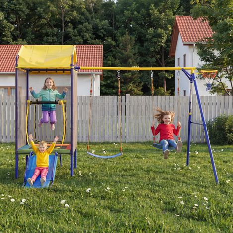 Parque infantil exterior 4 en 1 con cama elástica, columpio y tobogán DESVIAE (1/5)