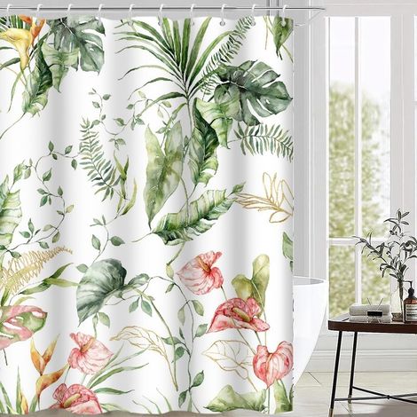 Rideau Douche Anti Moisissure, Rideau de Douche 180x180cm Tropical Vert Feuilles de Palmier Jungle Fleur Rose Rideaux de Baignoire Tissu Lavable Imperméable Rideaux de Bain avec 12 Crochets - 180L X 1 (1/5)