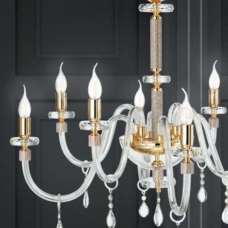 Lampada a sospensione DIDO D65 cm in vetro trasparente lavorato a mano 6 LUCI ORO (1/2)