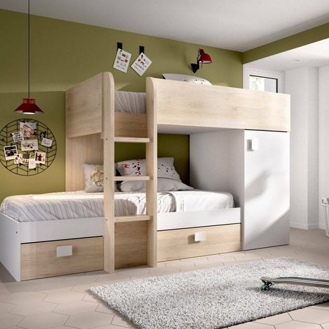 Dmora - Lit pour enfants Marmolada, Chambre complète avec armoire et tiroirs, Composition de lits superposés avec deux lits simples, 255x112h150 cm, Blanc et Chêne, avec emballage renforcé