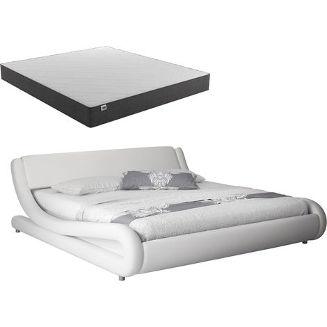 Cama de matrimonio con colchón  Cama doble con Cabecero  Con somier de lamas  Blanco mate  Cama madera y polipiel  Modelo Alessia  160x200