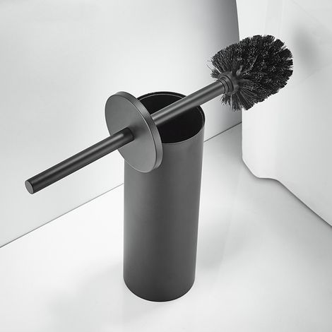 Ensemble brosse de toilette et support en céramique gris mat, brosse de nettoyage pour toilettes, accessoire de salle de bain avec manche en acier (24 cm de hauteur) (1/5)