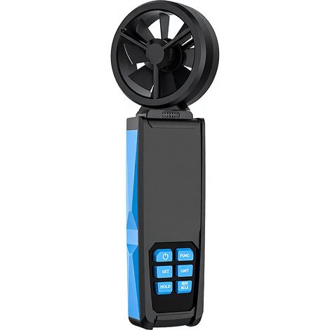Anemometer mit 8-Blatt-Lüfter, digitalem LCD-Farbdisplay (Hintergrundbeleuchtung), Windgeschwindigkeitsmesser, sechs Messmodi, Datenhaltefunktion und Anzeige für niedrigen Batteriestand.