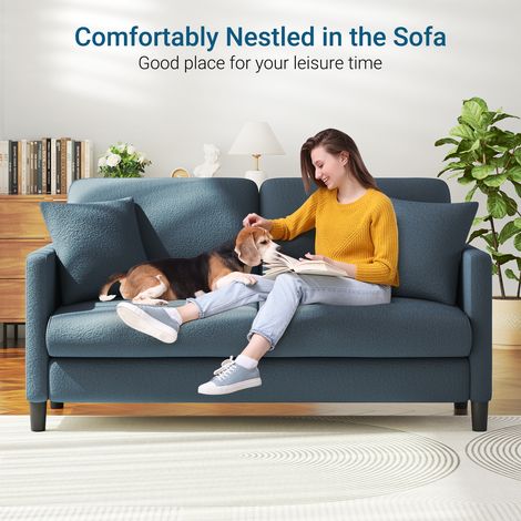 Keepbuying – Canapé droit 2 places en velours teddy – Confort en bois massif – Loveseat avec accoudoirs – Dimensions 165 x 78 x 89 cm – Couleur bleu gris