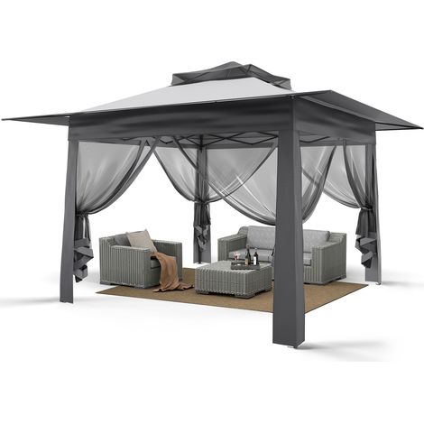 Puluomis – Tonnelle de jardin pliante 3,65x3,65m – Toit double avec ventilation – Moustiquaires 360° zippées – Cadre robuste anti-vent