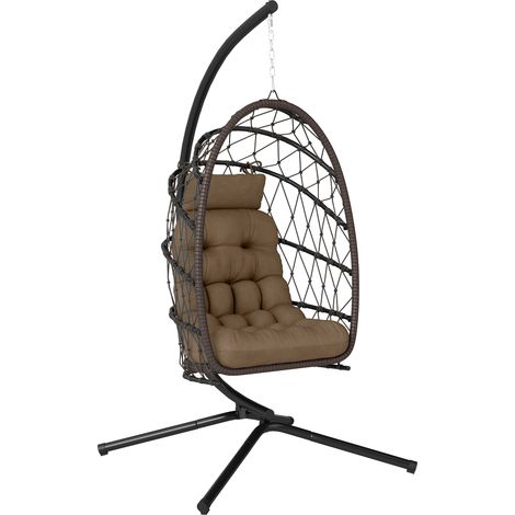 Outsunny silla colgante huevo con soporte, cesta plegable de ratán, cojín grueso, reposacabezas, altura ajustable, cuerda, marrón