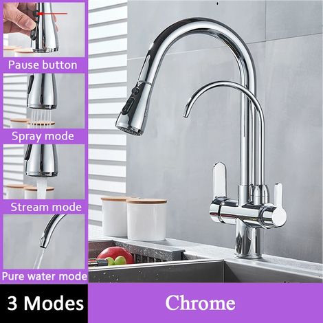 Robinet de cuisine à filtre tactile (sans chrome), robinet d'eau pure extractible de qualité supérieure, mitigeur d'évier noir à double poignée. (1/5)